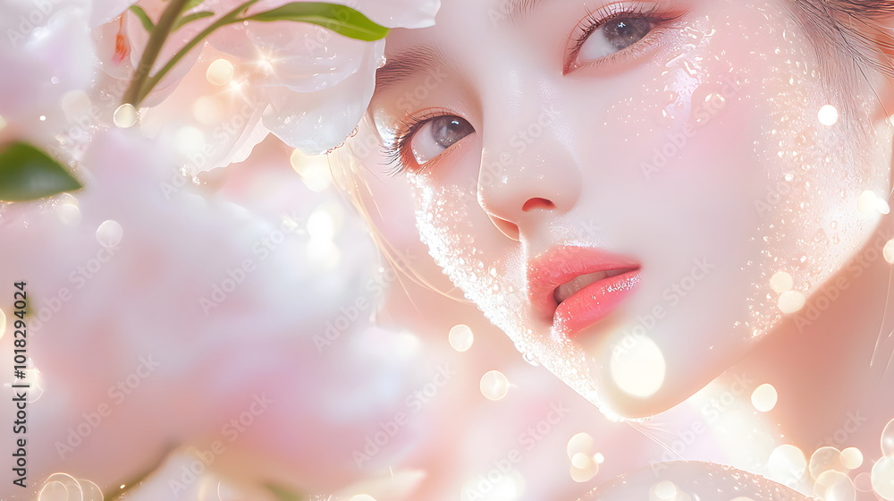 Pink Blossom Beauty: Dreamy portrait of a young woman surrounded by delicate pink flowers, sparkling with ethereal light. A captivating image evoking romance, serenity, and springtime freshness. Pink Blossom Beauty: Dreamy portrait of a young woman surrounded by delicate pink flowers, sparkling with ethereal light. A captivating image evoking romance, serenity, and springtime freshness.