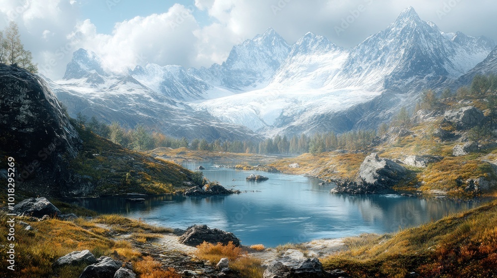 A serene mountain lake nestled amidst snow-capped peaks and autumnal foliage. A serene mountain lake nestled amidst snow-capped peaks and autumnal foliage.