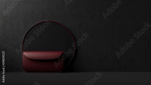 Minimalist design, black background, round mirror, maroon case, left side, dark grey backdrop, high-res, copy space photo