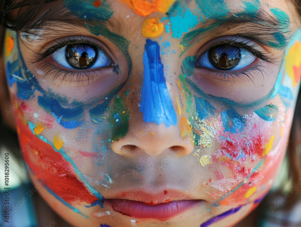 A close up of childs face adorned with vibrant natural pigments, showcasing colorful patterns and expressive eyes. joyful spirit is evident in this artistic moment. A close up of childs face adorned with vibrant natural pigments, showcasing colorful patterns and expressive eyes. joyful spirit is evident in this artistic moment.