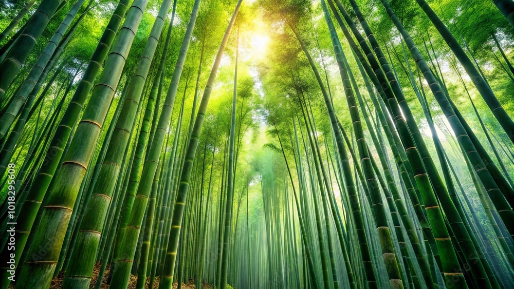 Fototapeta premium Sunbeams filtering through a dense canopy of towering bamboo stalks, creating an ethereal ambiance within the verdant forest