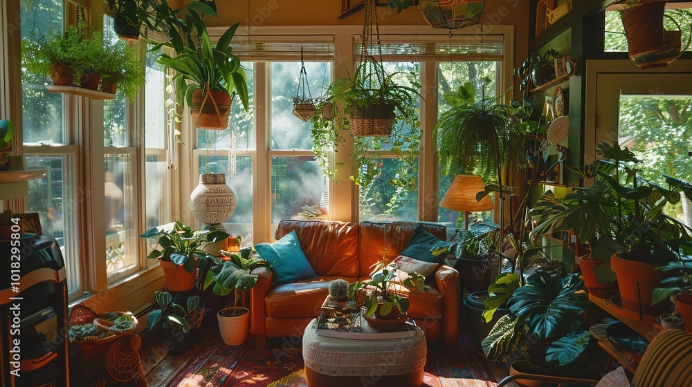 A cozy sunroom with comfortable seating, vibrant plants, and abundant natural light A cozy sunroom with comfortable seating, vibrant plants, and abundant natural light