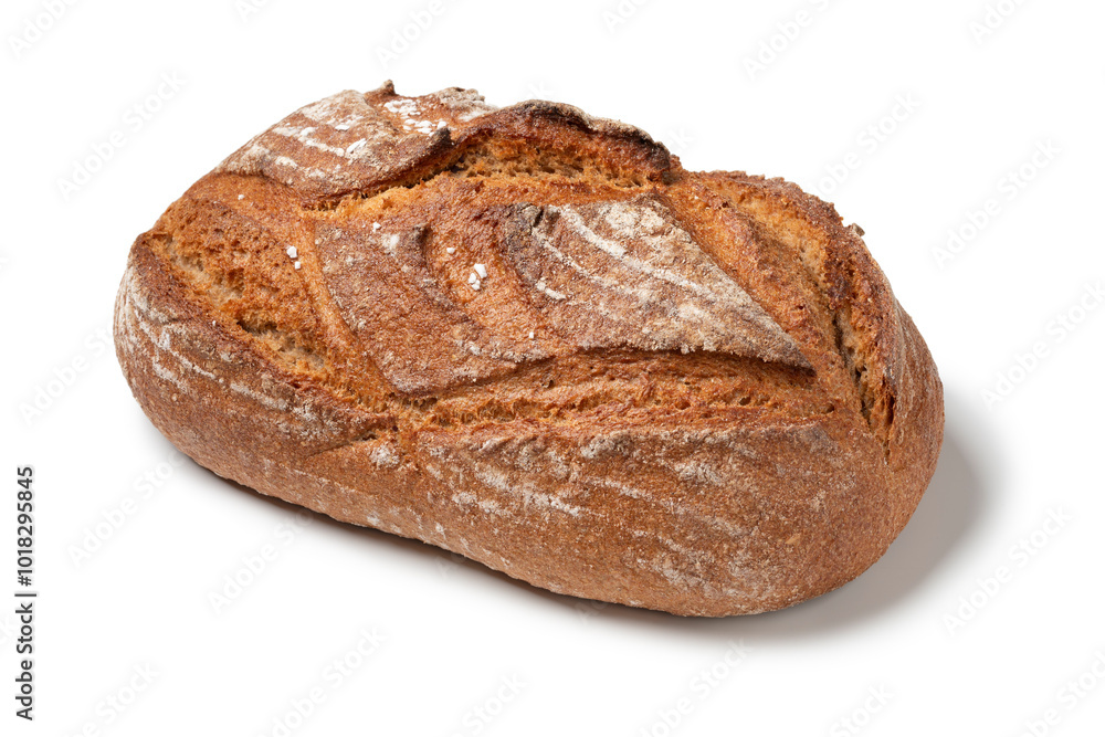 Single fresh homemade whole loaf of wheat and rye bread isolated on white background close up Single fresh homemade whole loaf of wheat and rye bread isolated on white background close up