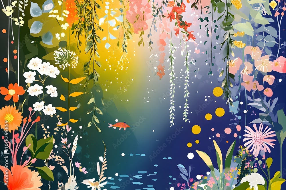 Obraz premium Abstract Floral Watercolor Painting with Fish and Circles