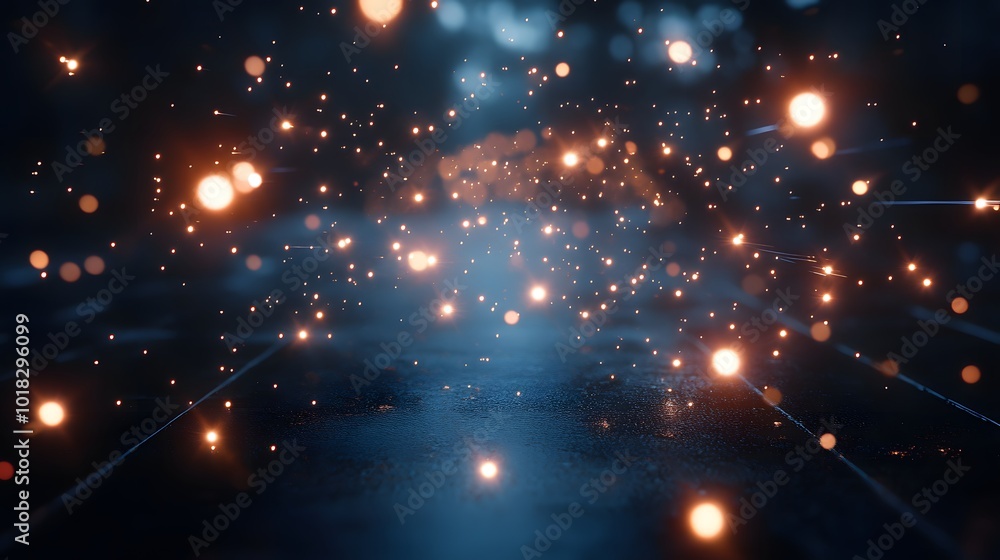 Fototapeta premium Abstract Dark Blue Background with Warm Glowing Lights and Sparkles
