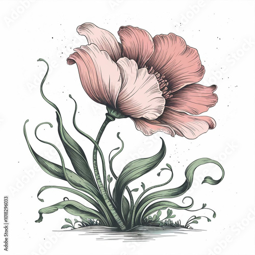 Hand-drawn Illustration of Flower - Large, Pink Petals With a Darker Pink Center - Floral Art Design 
