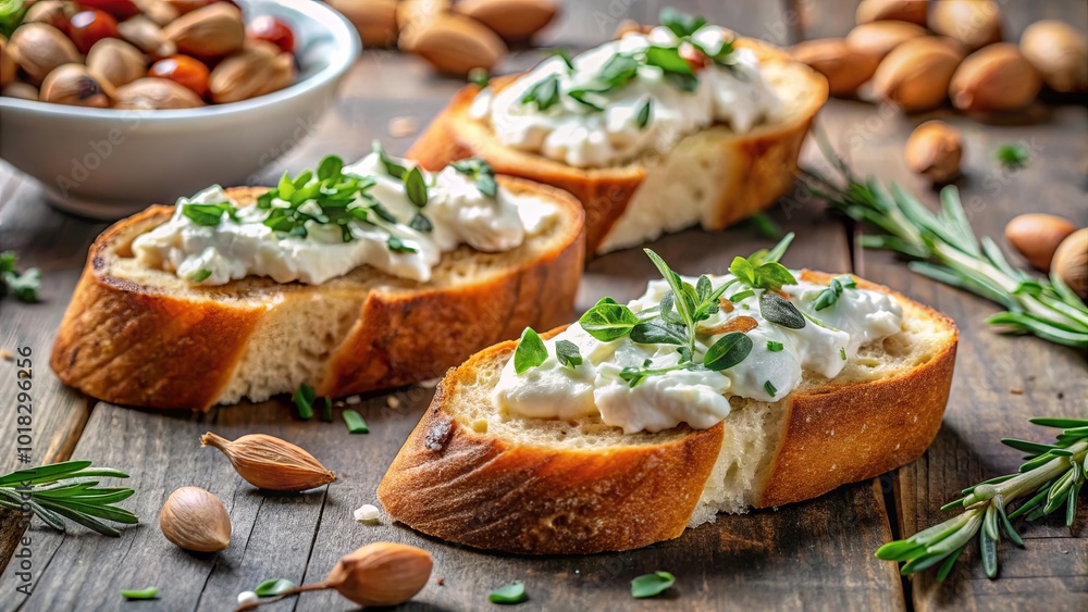 Toasted Bread with Creamy Topping and Fresh Herbs on Rustic Wooden Surface Toasted Bread with Creamy Topping and Fresh Herbs on Rustic Wooden Surface