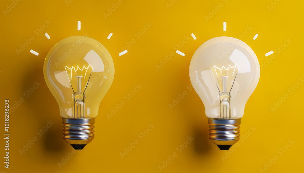 Two light bulbs on a bright yellow background, one glowing warmly and the other unlit, symbolizing ideas, creativity, and illumination.