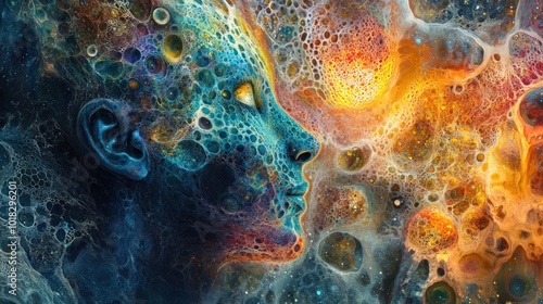 Abstract art of two faces, one blue and one orange, formed by bubbles and swirling colors.