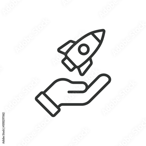 Launch, in line design. Launch, rocket, startup, new product, innovation, space, growth on white background vector. Launch, in line design editable stroke icon
