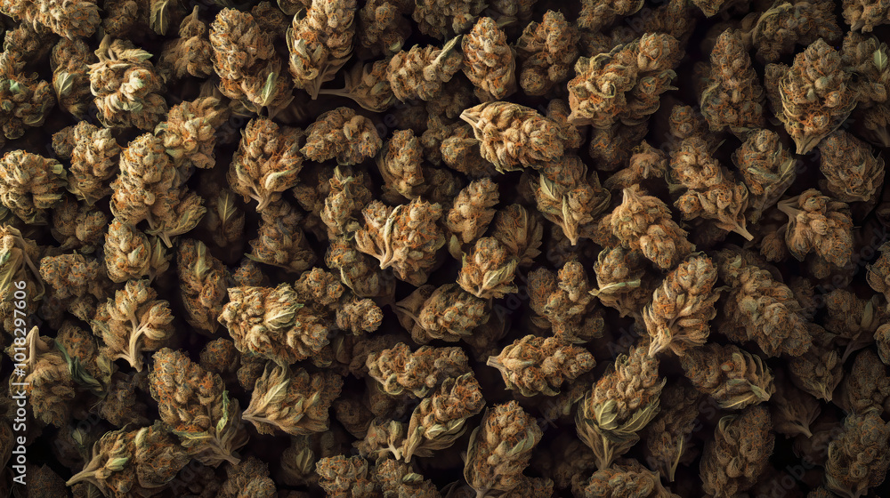 Close-up view of dense cannabis buds arranged in a pile with natural texture. Close-up view of dense cannabis buds arranged in a pile with natural texture.