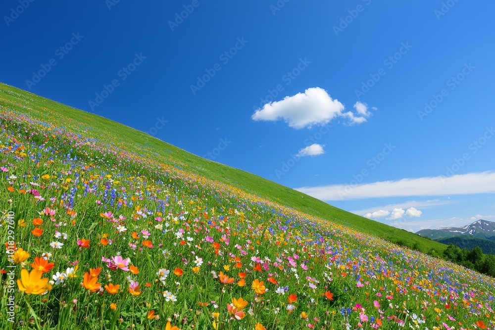 Vibrant wildflower field under a bright blue sky with fluffy clouds. Vibrant wildflower field under a bright blue sky with fluffy clouds.