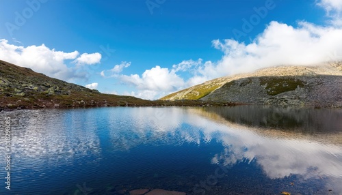 Mountain Lake Reflecting the Blue Sky and Clouds