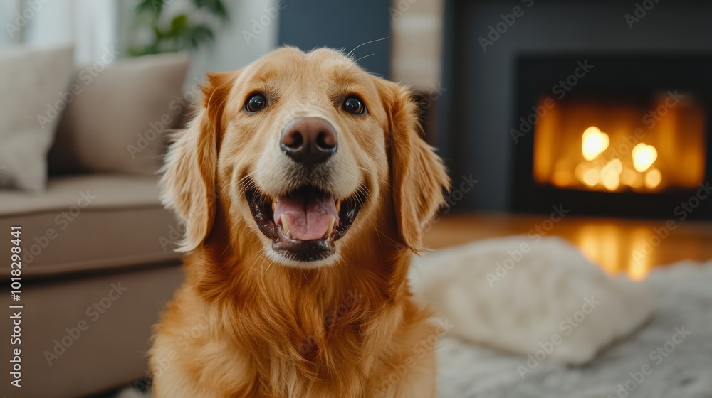 Joyful golden retriever relaxing comfortably in a warm and inviting living room space Joyful golden retriever relaxing comfortably in a warm and inviting living room space
