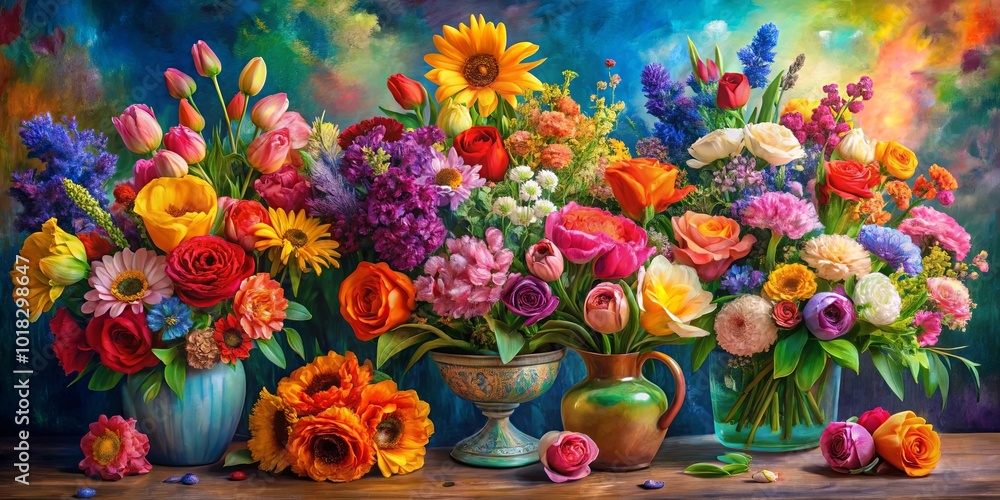 A Still Life of Vibrant Blooms in a Medley of Colors and Shapes, Arranged in Elegant Vases on a Wooden Table A Still Life of Vibrant Blooms in a Medley of Colors and Shapes, Arranged in Elegant Vases on a Wooden Table