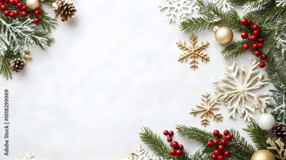 Festive Christmas Background with Snowflakes and Berries Festive Christmas Background with Snowflakes and Berries