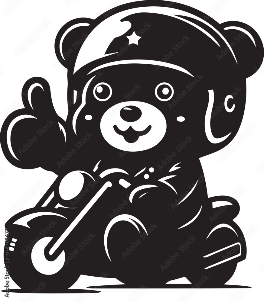 Obraz premium Cute funny bear with a motorcycle helmet gives a thumbs up silhouette