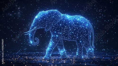 An elephant emerges from an intricate array of glowing stars and lines in brilliant blue hues, set against a night sky, symbolizing dreams and technological beauty. photo