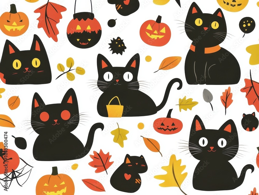 Seamless Pattern of Black Cats, Pumpkins, and Fall Leaves for Halloween Seamless Pattern of Black Cats, Pumpkins, and Fall Leaves for Halloween