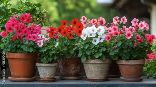 A colorful display of blooming geraniums in pots, with red, pink, and white flowers brightening up a garden patio.