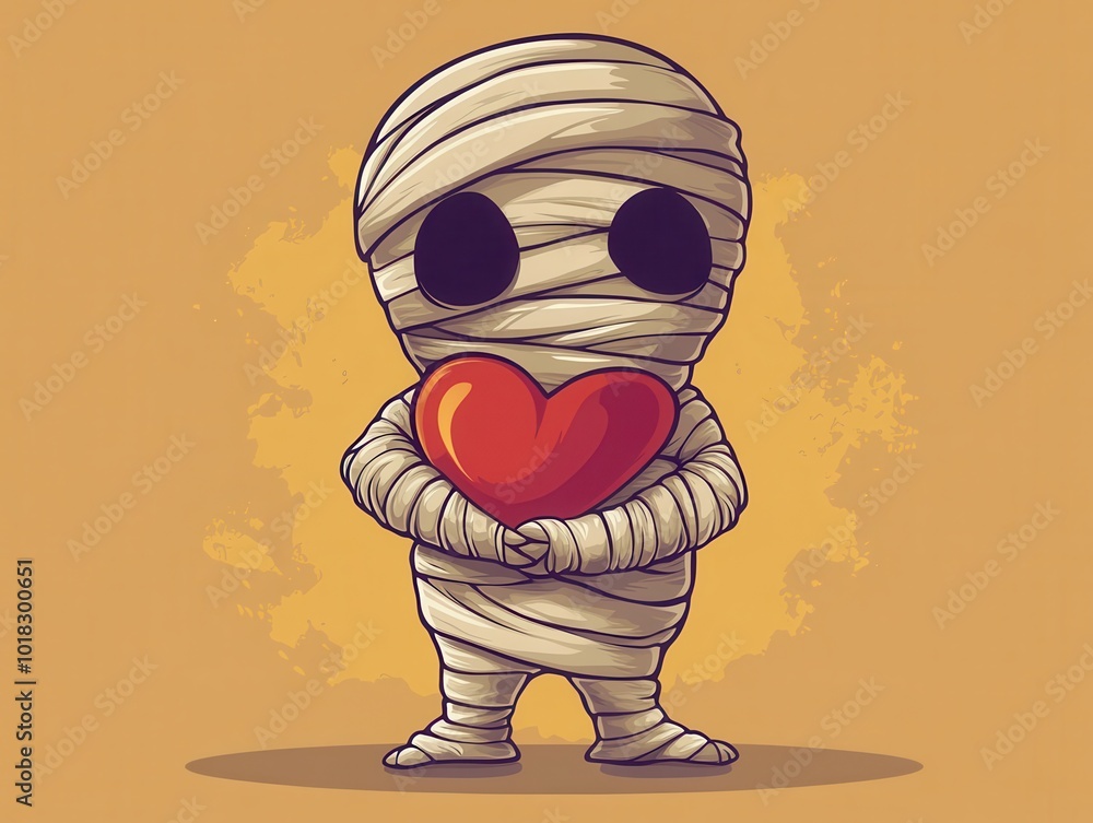 A Cartoon Mummy Holding a Red Heart A Cartoon Mummy Holding a Red Heart