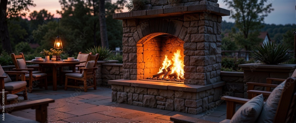 Outdoor stone fireplace with roaring fire creating a cozy gathering space at sunset Outdoor stone fireplace with roaring fire creating a cozy gathering space at sunset