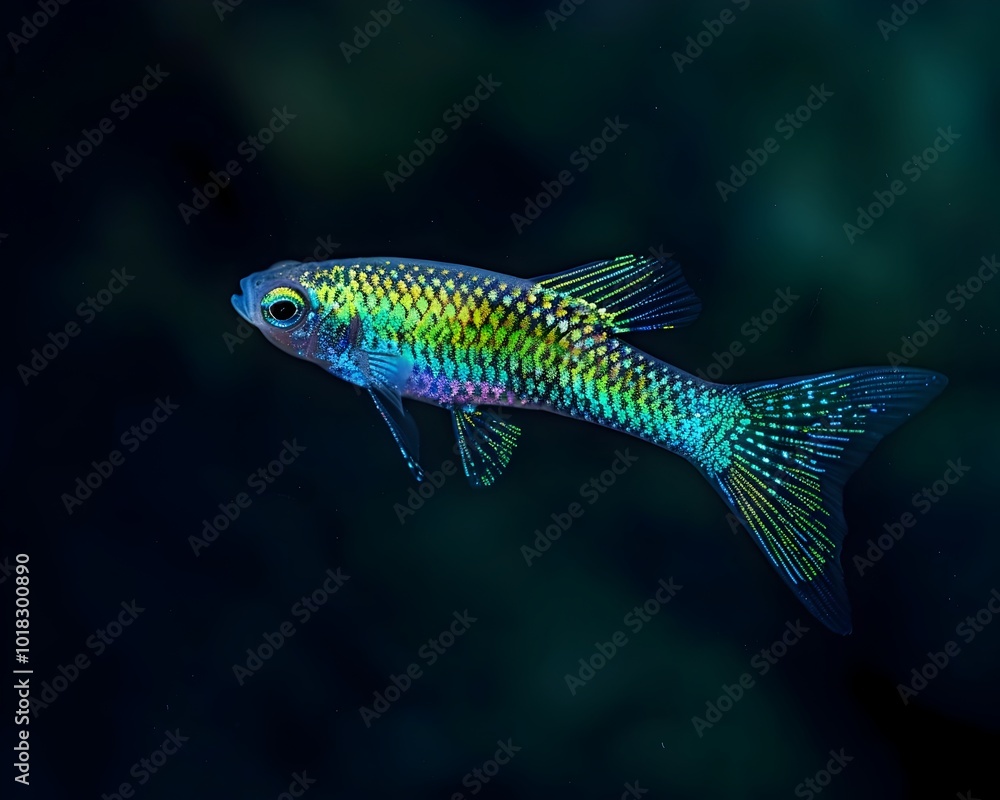 Iridescent Neon Fish Swimming in Blackness Shimmering Scales and Vibrant Colors Iridescent Neon Fish Swimming in Blackness Shimmering Scales and Vibrant Colors