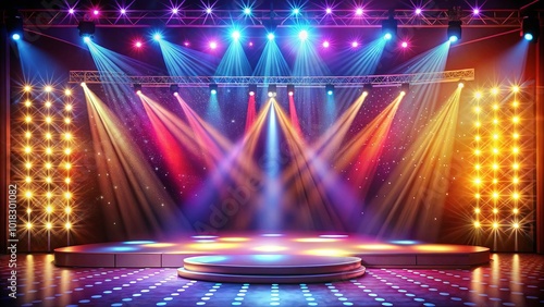 A dramatic stage with a circular platform illuminated by vibrant spotlights, showcasing the energy of a performance