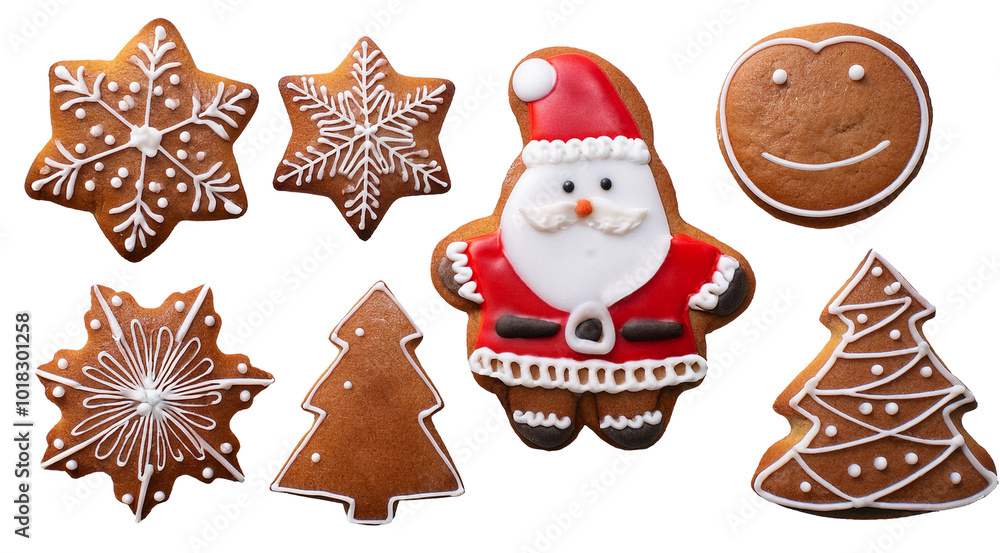 Fototapeta premium Gingerbread christmas snowflake star santa man tree cookie biscuit on transparent background 