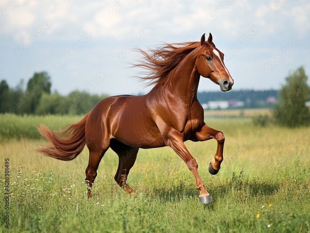Obraz premium brown horse with a magnificent mane galloping across the field