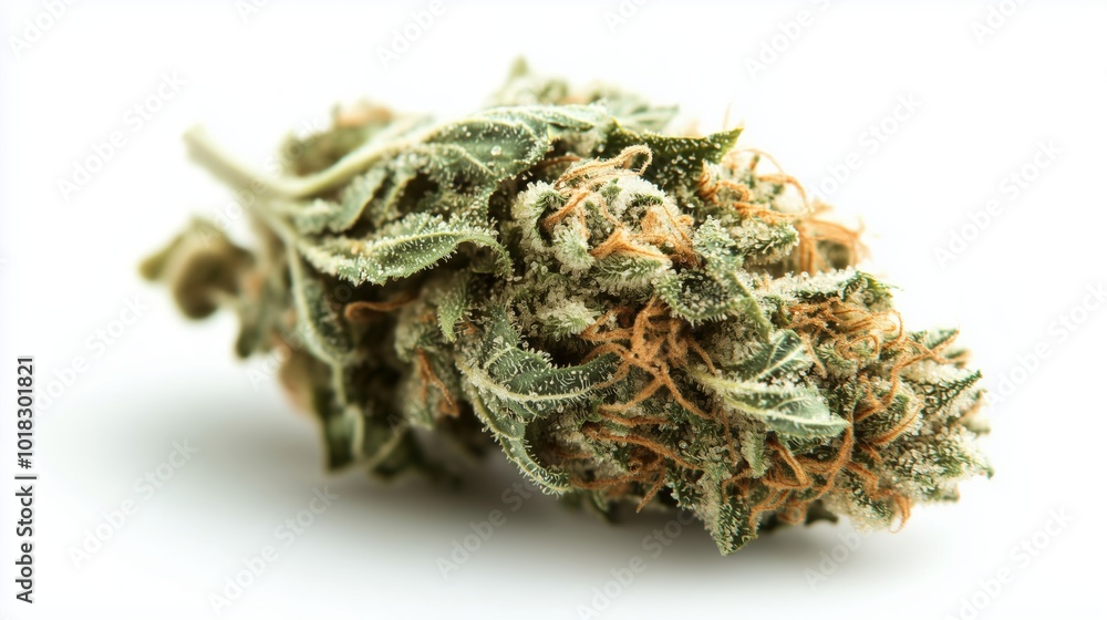 Single cannabis bud covered in trichomes and orange hairs on a white background. Single cannabis bud covered in trichomes and orange hairs on a white background.