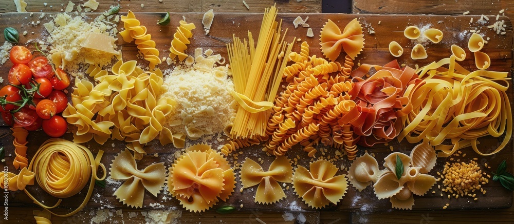 Pasta Varieties Displayed on a Board with Cheese