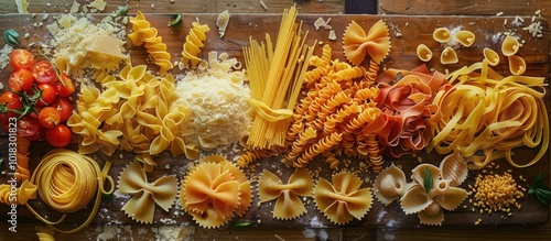 Obraz na płótnie Pasta Varieties Displayed on a Board with Cheese w salonie