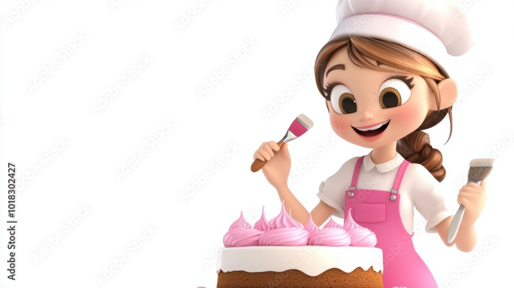 Adorable food stylist cartoon holding a brush and decorating a cake, isolated on white background Adorable food stylist cartoon holding a brush and decorating a cake, isolated on white background