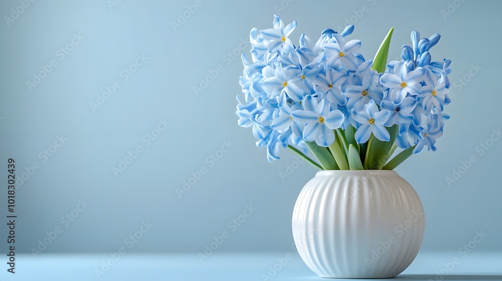 Delicate blue hyacinth flowers arranged in a white ceramic vase, against a pale lavender background, emphasizing clean lines and gentle lighting, embodying a fresh spring atmosphere. Delicate blue hyacinth flowers arranged in a white ceramic vase, against a pale lavender background, emphasizing clean lines and gentle lighting, embodying a fresh spring atmosphere.