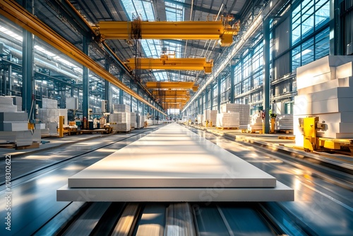 Automated Production Line with Stacks of Building Material in Factory.