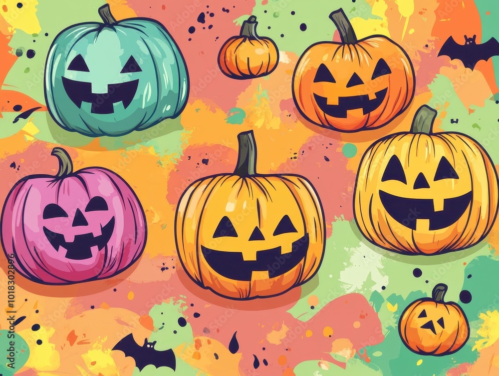 Colorful Jack-o'-Lantern Pumpkins with Bats on Abstract Background Colorful Jack-o'-Lantern Pumpkins with Bats on Abstract Background