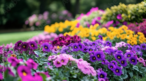 A colorful flower bed filled with petunias and pansies in shades of purple, pink, and yellow, in a springtime park setting.