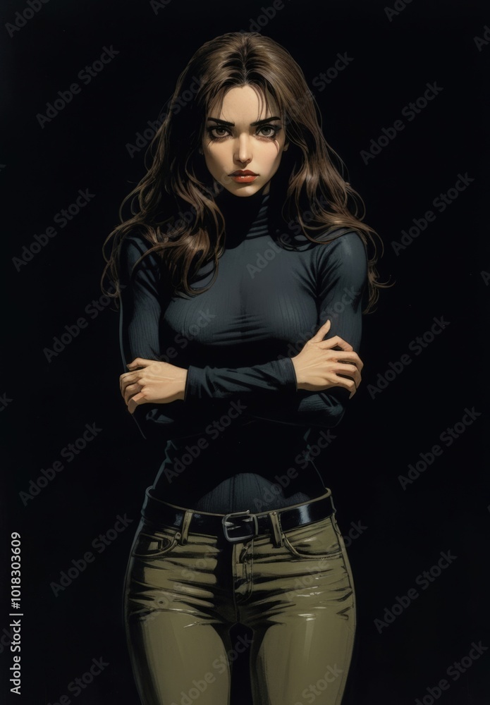 Serious Woman in Dark Attire Against Black Background Serious Woman in Dark Attire Against Black Background