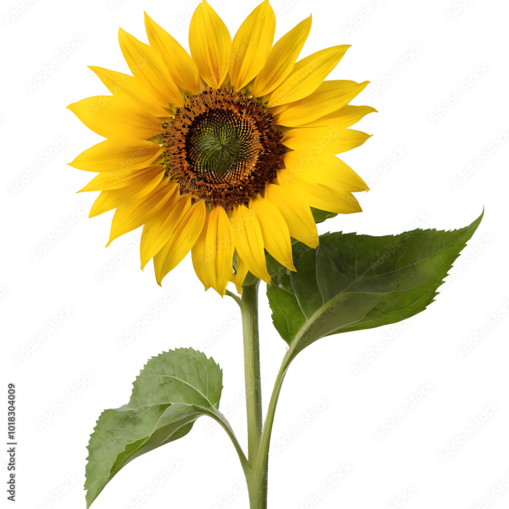 Obraz premium Bright and cheerful sunflower with green leaves, isolated on white. Perfect for summer designs, nature themes, or adding a pop of color.**