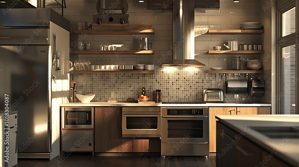 A functional kitchen with open shelving, modern appliances, and a stylish backsplash A functional kitchen with open shelving, modern appliances, and a stylish backsplash