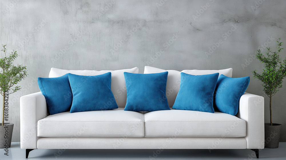 White sofa with blue pillows against a grey wall in a modern interior, a mockup for a design presentation. Front view of a white couch decorated with bright blue cushions. Home decor, mock-up White sofa with blue pillows against a grey wall in a modern interior, a mockup for a design presentation. Front view of a white couch decorated with bright blue cushions. Home decor, mock-up
