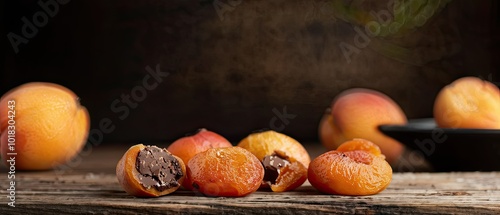 Apricots Filled with Chocolate on a Wooden Table