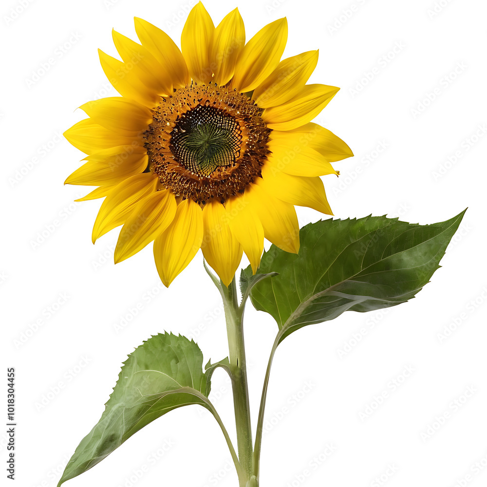 Obraz premium Bright and cheerful sunflower with green leaves, isolated on white. Perfect for summer designs, nature themes, or adding a pop of color.**