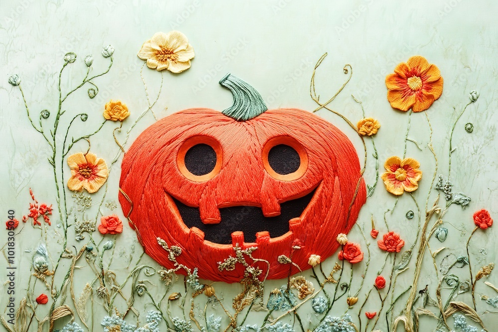 Fototapeta premium Halloween-themed vector illustration featuring a pumpkin with a cartoon face A close-up of an embroidered floral pattern