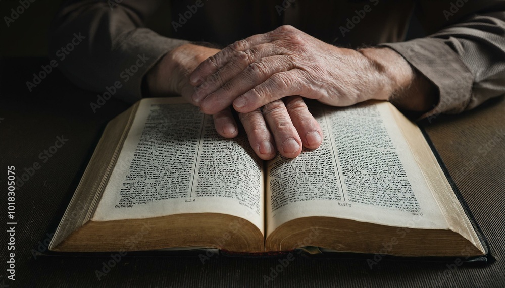 An open Bible with the hand of an elderly person resting gently on the pages. An open Bible with the hand of an elderly person resting gently on the pages.