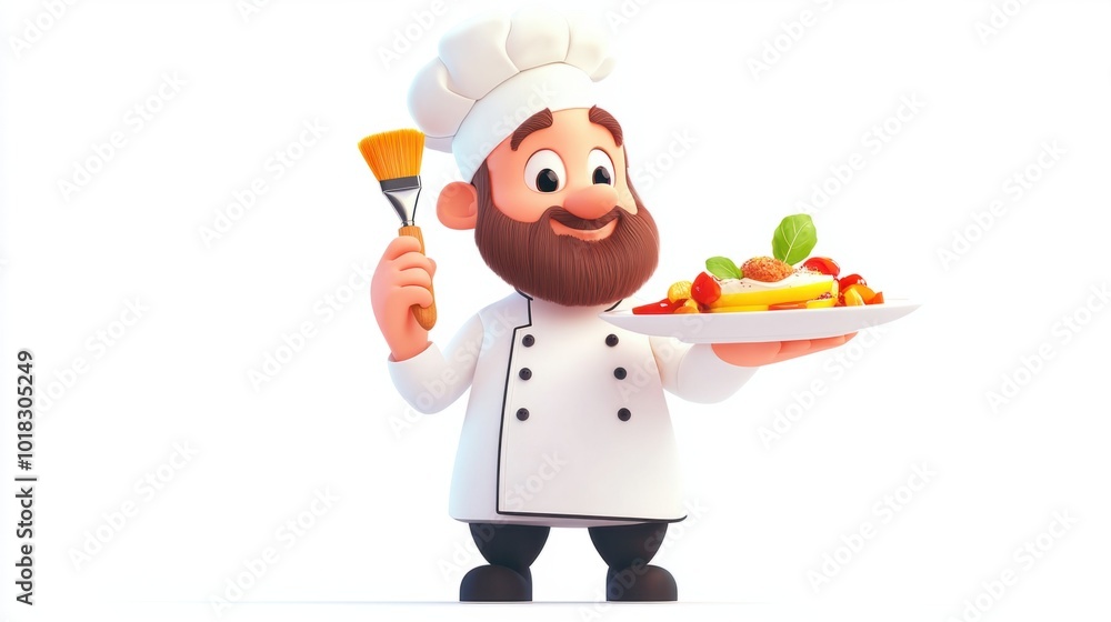 Cute food stylist cartoon character holding a brush, plating a beautiful dish, isolated on white Cute food stylist cartoon character holding a brush, plating a beautiful dish, isolated on white