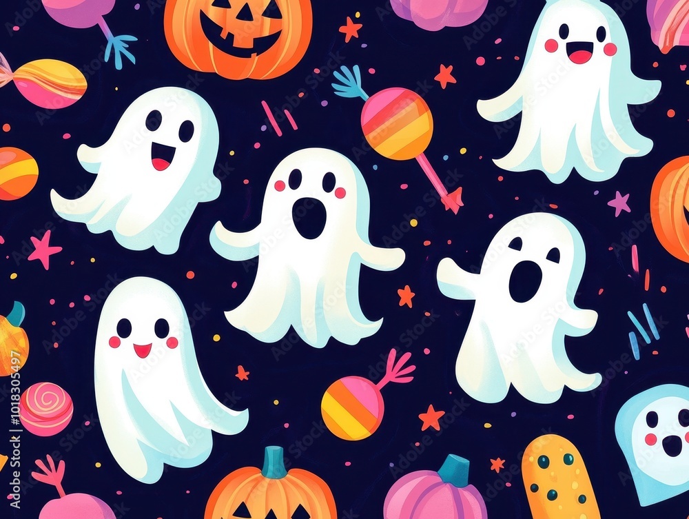 Smiling Ghosts and Pumpkins with Candy on Dark Background Smiling Ghosts and Pumpkins with Candy on Dark Background