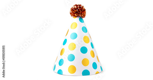 A festive and fun party hat with colorful polka dots and a fluffy pom-pom, perfect for birthday parties, celebrations, and joyful events.