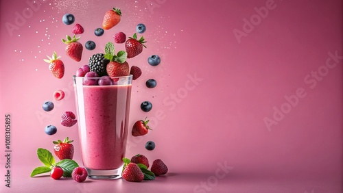 Fresh smoothie with berries floating on pink background reflected